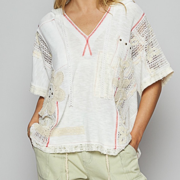 POL Tops - POL Floral Crochet V neck Reverse Stitch Loose Fit Top